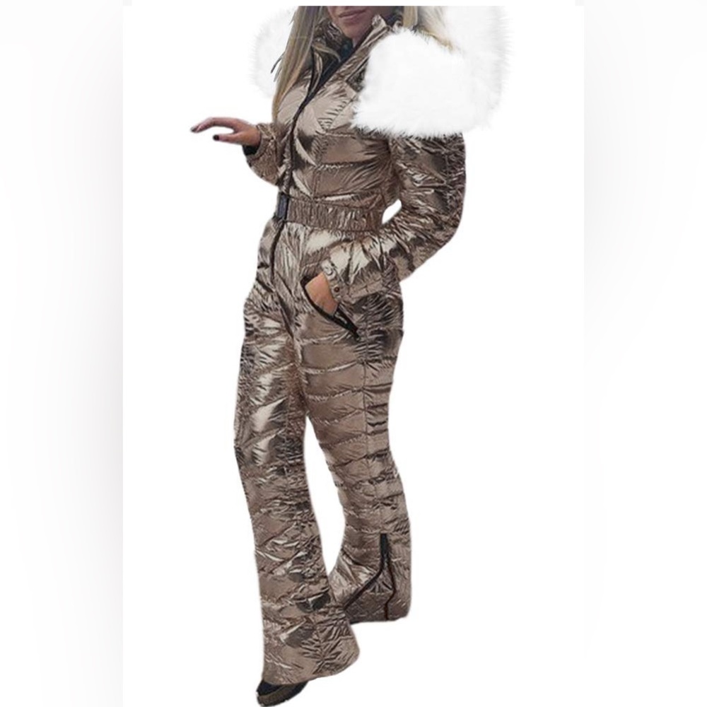 Women Winter Onesies Ski Suit Fur Collar coat Ski Jumpsuit Snowsuit